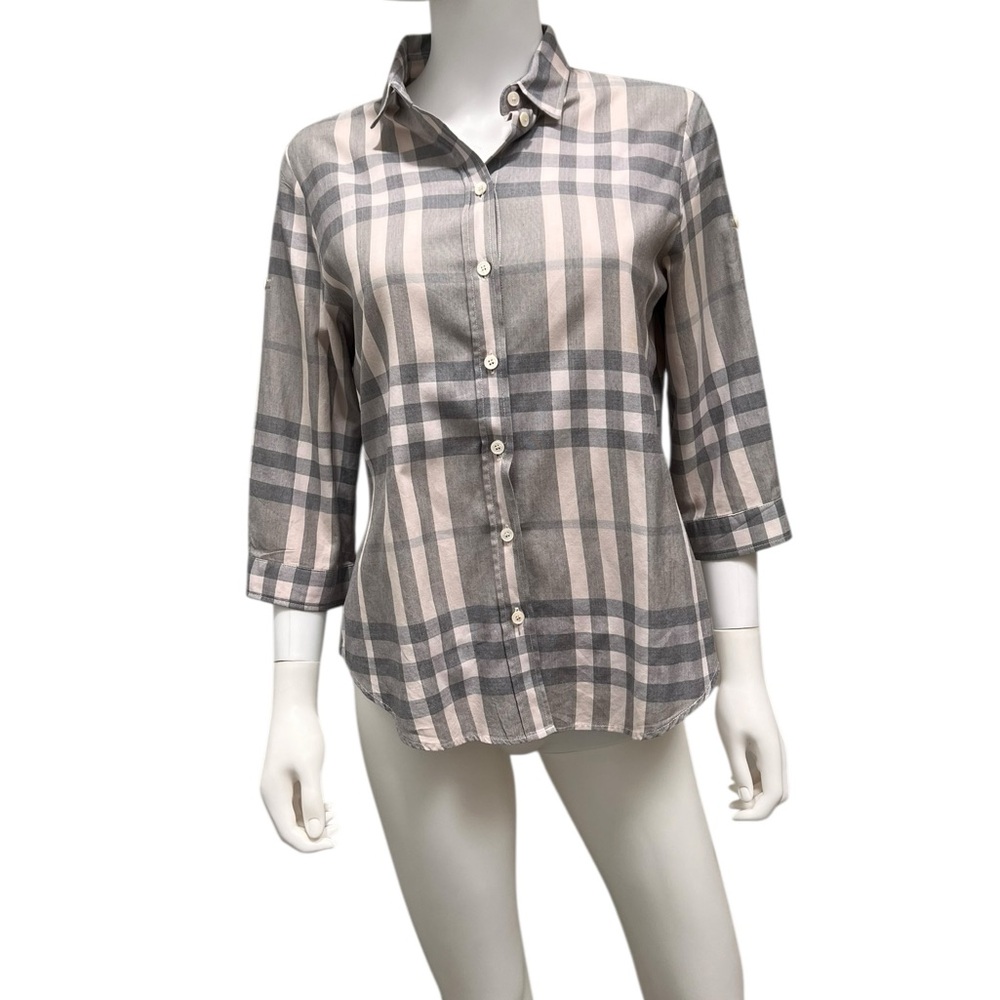 Burberry Brit Novacheck Button-Down Shirt/ 3/4 Sleeve Blouse/ Gray/ Size M
